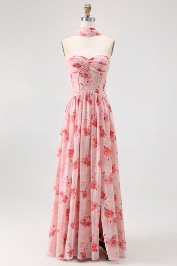 Dusty Rose Flower Printed Sweetheart Long Bridesmaid Dress with Slit